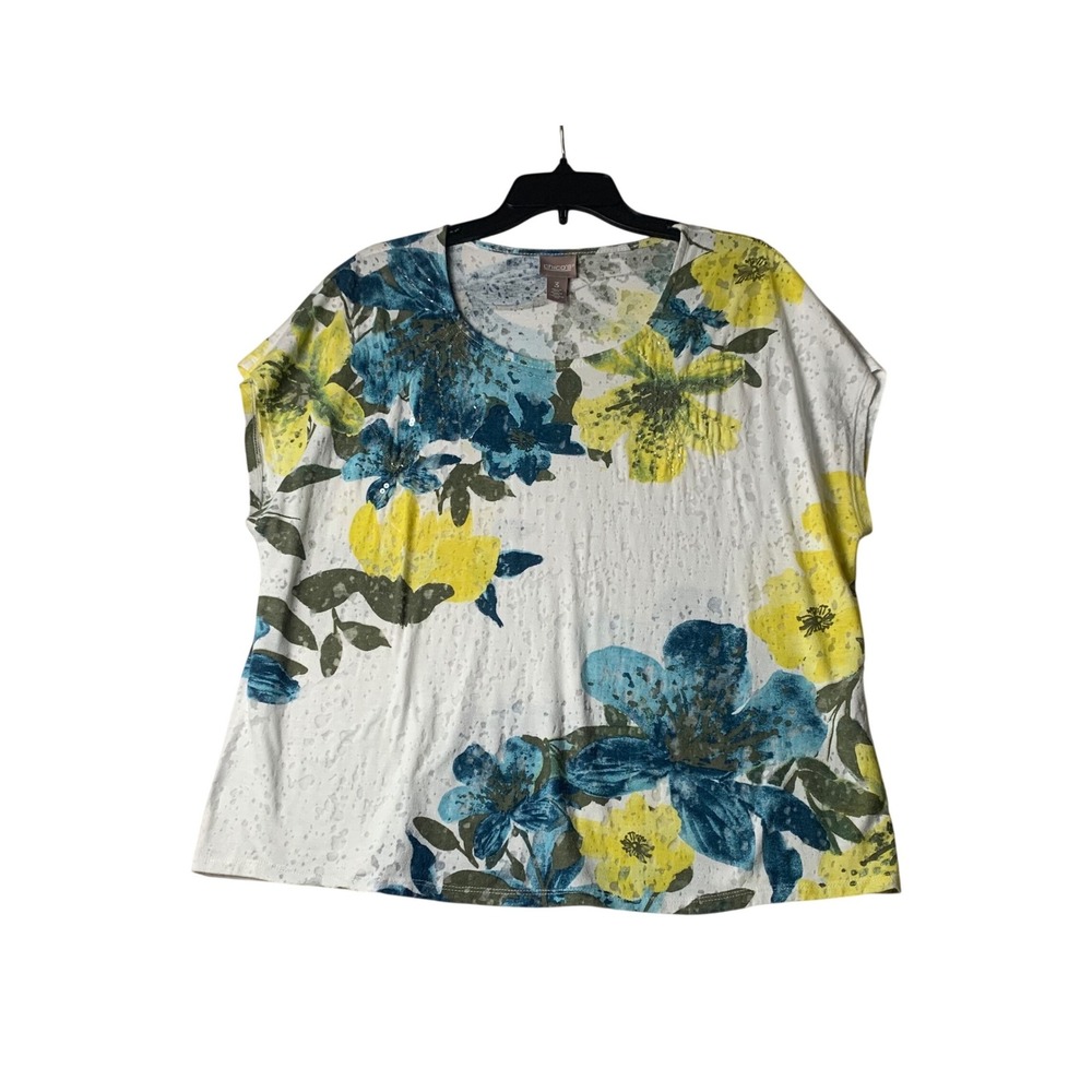 Chicos Floral Burnout Top Blue Yellow‎ White Short Sleeve Scoop Neck Size 3 XL